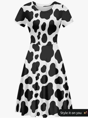 AmzPrint Women's Black and White Cow Print Dress